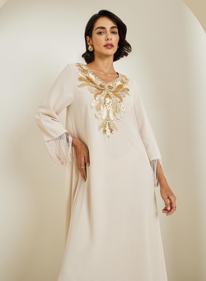 Amirah Women Sequined Patch V Neck Jalabiya - Image 2