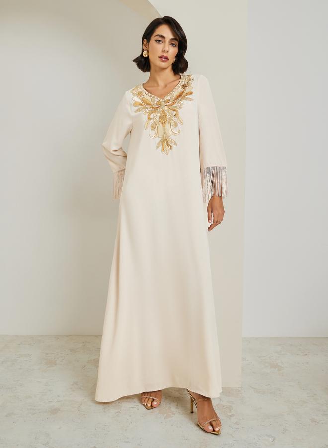 Amirah Women Sequined Patch V Neck Jalabiya - Image 3