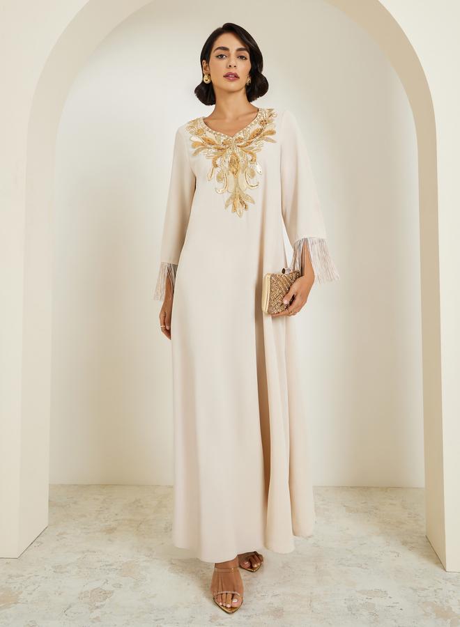 Amirah Women Sequined Patch V Neck Jalabiya - Image 1
