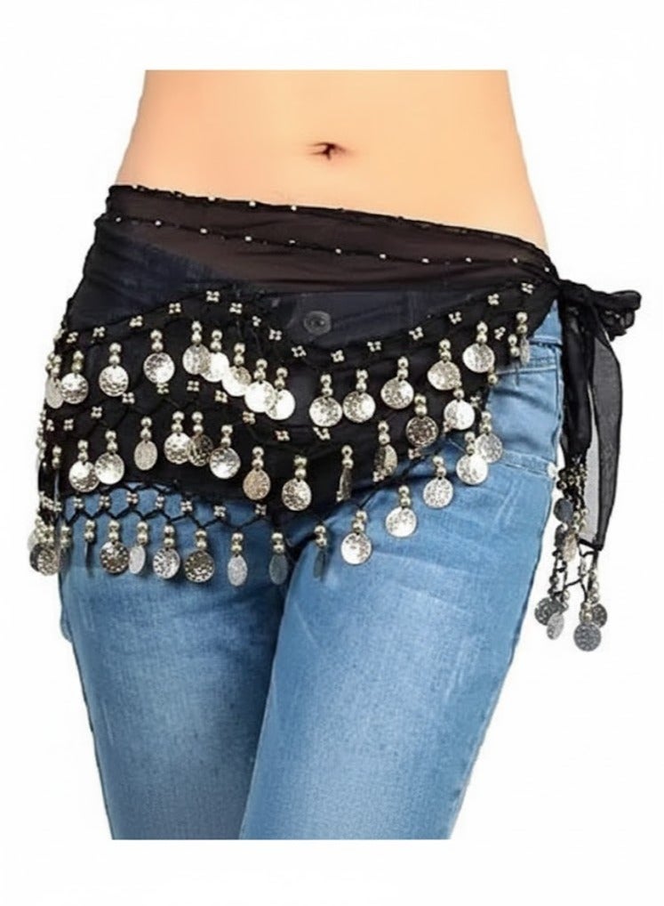 Black Belly Dance Hip Skirt Scarf Wrap Belt - Coins silver - Image 1