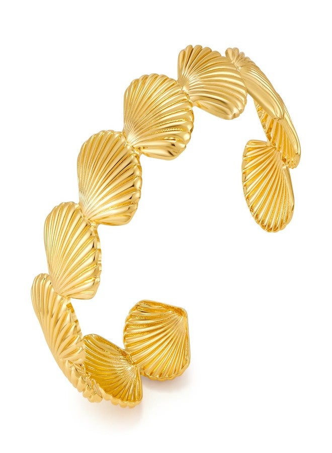 WOWORAMA Gold Shell Cuff Bracelet for Women Boho Vintage Striped Scallop Shell Open Bangles Summer Beach Seashell Statement Gold Bracelet Adjustable Wrist Arm Cuff Bracelets - Image 1