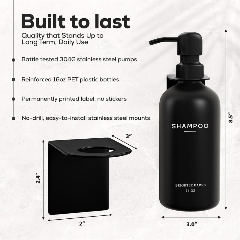 Brighter Barns Black Shampoo and Conditioner Dispenser Set Wall Mounted by - 3 Chamber No Drill Shampoo Bottles for Shower Wall - Refillable Plastic Shower Soap Dispenser for Airbnb, RV, Hotel (Black) - Image 3