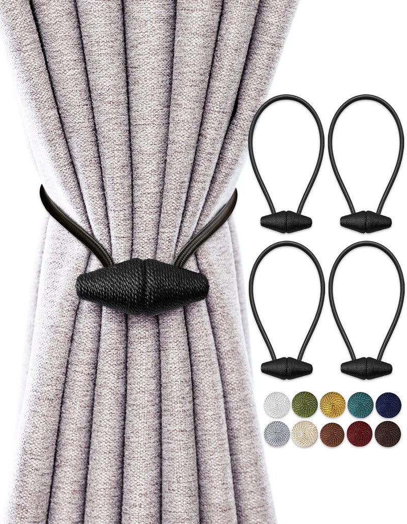 TECVINCI Magnetic Curtain Tiebacks with Upgrade Larger Magnet 4 Pack 16 Inch Drapery Holdbacks for Indoor  Outdoor Curtain  Black