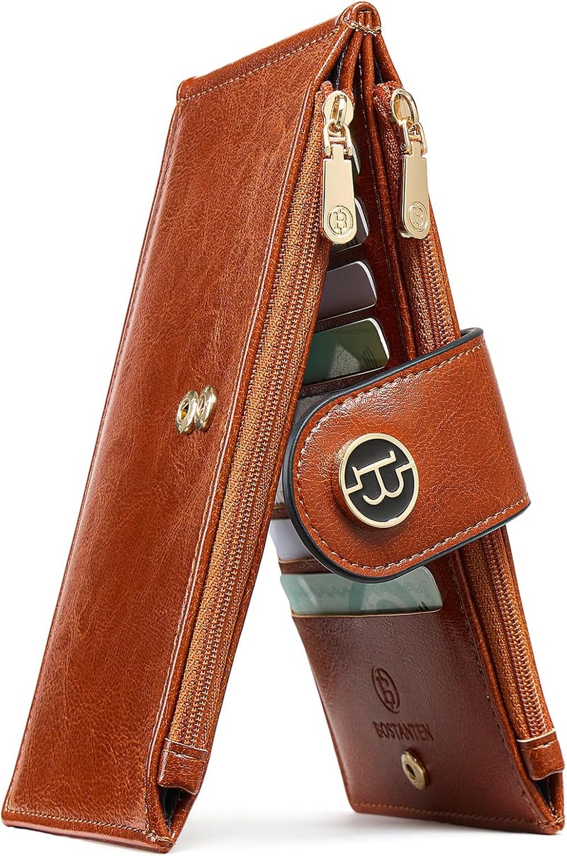 Bostanten Leather Wallets for Women RFID Blocking Slim Bofild Purse Card Holder with Zipper Pocket Brown - Image 1