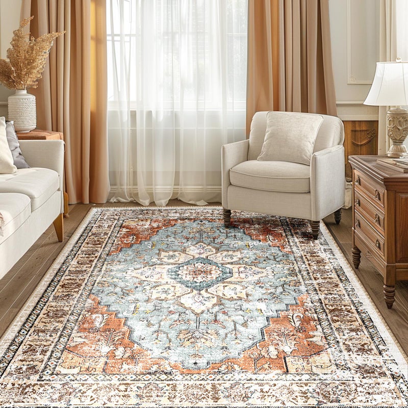 BESTSWEETIE Area Rug 5x7 Rugs for Living Room 5 x 7 Washable Rugs Non Slip Vintage Boho Living Room Rugs for Bedroom Dining Room  Distressed Floral Pattern Carpet  Green Brick Rust Red - Image 1
