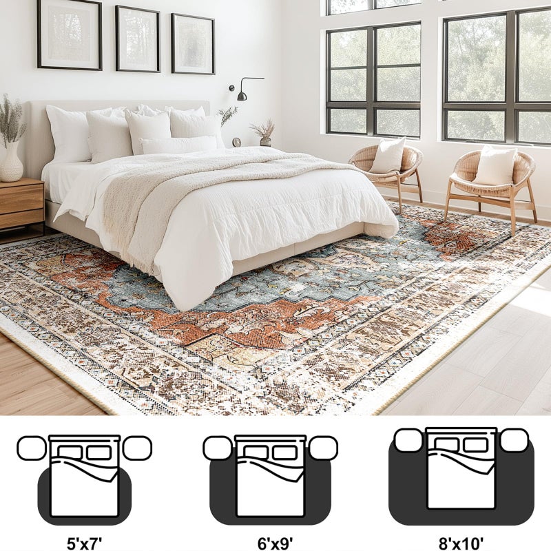 BESTSWEETIE Area Rug 5x7 Rugs for Living Room 5 x 7 Washable Rugs Non Slip Vintage Boho Living Room Rugs for Bedroom Dining Room  Distressed Floral Pattern Carpet  Green Brick Rust Red - Image 5