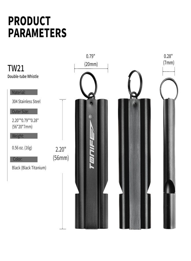 TONIFE Double-Tube Whistle Emergency Whistle with Ball Chain, Survival Whistle Stainless Steel Outdoor Loud Emergency Whistle for Camping Hiking Boating (Black) - Image 2