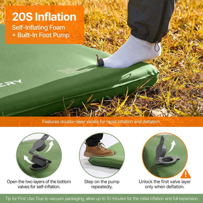 OGERY Self-Inflating Sleeping Pad with Built-in Foot Pump, 3" Memory Camping Mattress Pad, Quiet & 9.5 R-Value Insulated Sleeping Mat Camping Essential Gear for Car Tent Camping - Image 2