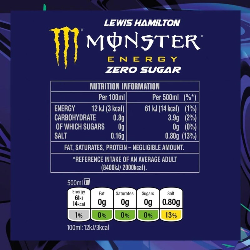 Monster Lewis Hamilton Zero Sugar Energy Drink - Peach-Nectarine Flavor, 500ml Cans (Pack of 12) - Image 2