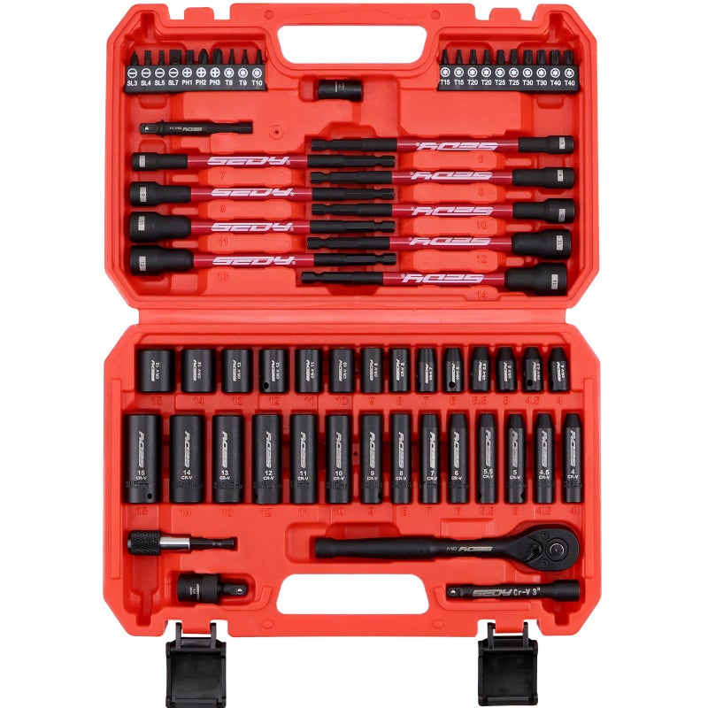 SEDY 63-Piece Metric 1/4"" Drive Socket Set & Nut Driver Set  Impact Standard & Deep Socket Set (4-15Mm)  1/4"" Hex Shank 6"" Magnetic Nut Drivers  Extension Bar  Quick-Release Ratchet Handle  Universal Joint - Image 1