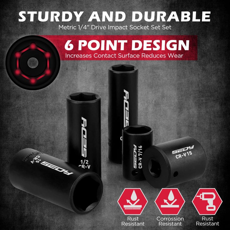 SEDY 63-Piece Metric 1/4"" Drive Socket Set & Nut Driver Set  Impact Standard & Deep Socket Set (4-15Mm)  1/4"" Hex Shank 6"" Magnetic Nut Drivers  Extension Bar  Quick-Release Ratchet Handle  Universal Joint - Image 5