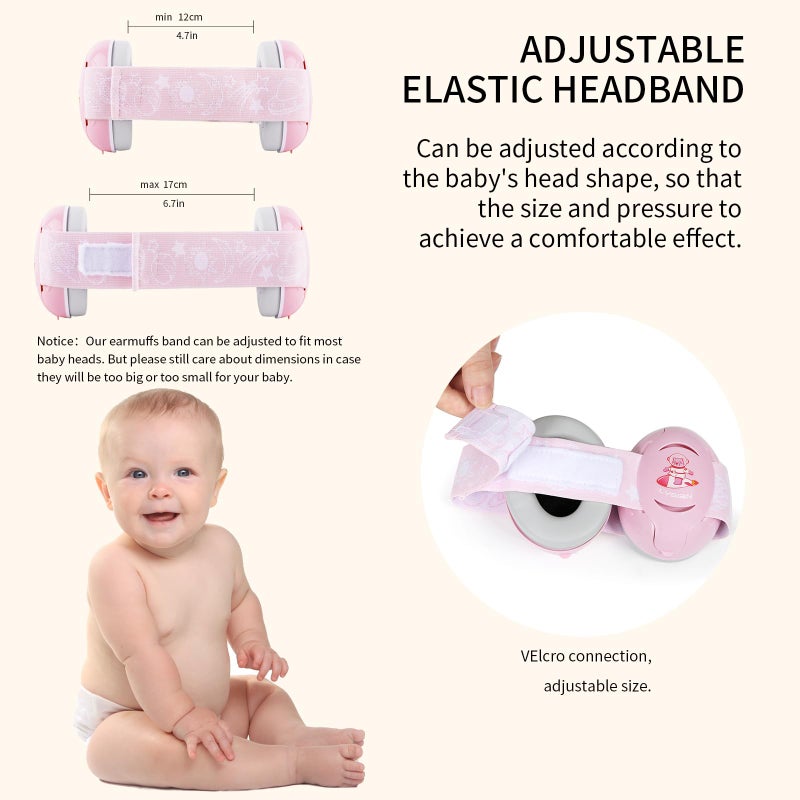 LYSIAN Pink Baby Ear Muffs Noise Cancelling with Elastic Headband, Baby Headphones Earmuffs for Infant Hearing Protection Sleeping, Nap, Travel, Games, Festival - Image 5