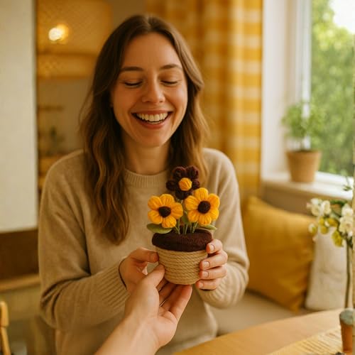 Akaar Decor's Handcrafted Crochet Yellow & Brown Daisy Flowers with Pot | Artificial Flowers for Home | Birthday | Anniversary | Housewarming Gifts | 100% Handmade Yarn Flower Décor - Image 5