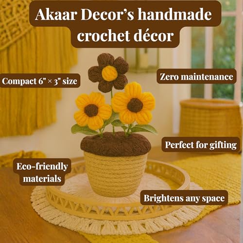 Akaar Decor's Handcrafted Crochet Yellow & Brown Daisy Flowers with Pot | Artificial Flowers for Home | Birthday | Anniversary | Housewarming Gifts | 100% Handmade Yarn Flower Décor - Image 4