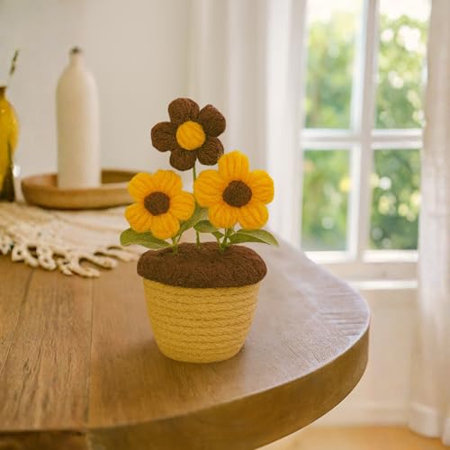 Akaar Decor's Handcrafted Crochet Yellow & Brown Daisy Flowers with Pot | Artificial Flowers for Home | Birthday | Anniversary | Housewarming Gifts | 100% Handmade Yarn Flower Décor - Image 1