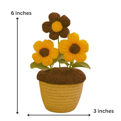 Akaar Decor's Handcrafted Crochet Yellow & Brown Daisy Flowers with Pot | Artificial Flowers for Home | Birthday | Anniversary | Housewarming Gifts | 100% Handmade Yarn Flower Décor - Image 3