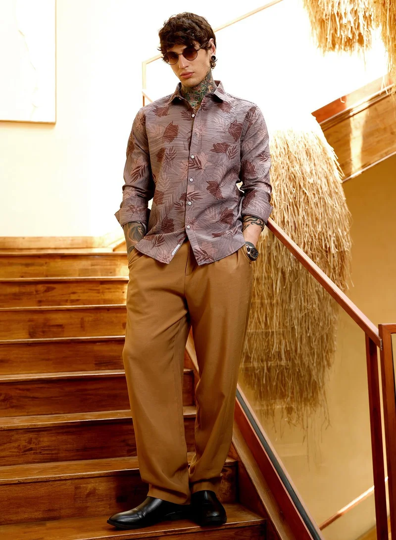 CAHOOT  Men's Mauve Purple Leaf-Imprint Foliage-Tactile Shirt for Men | Best Price UAE