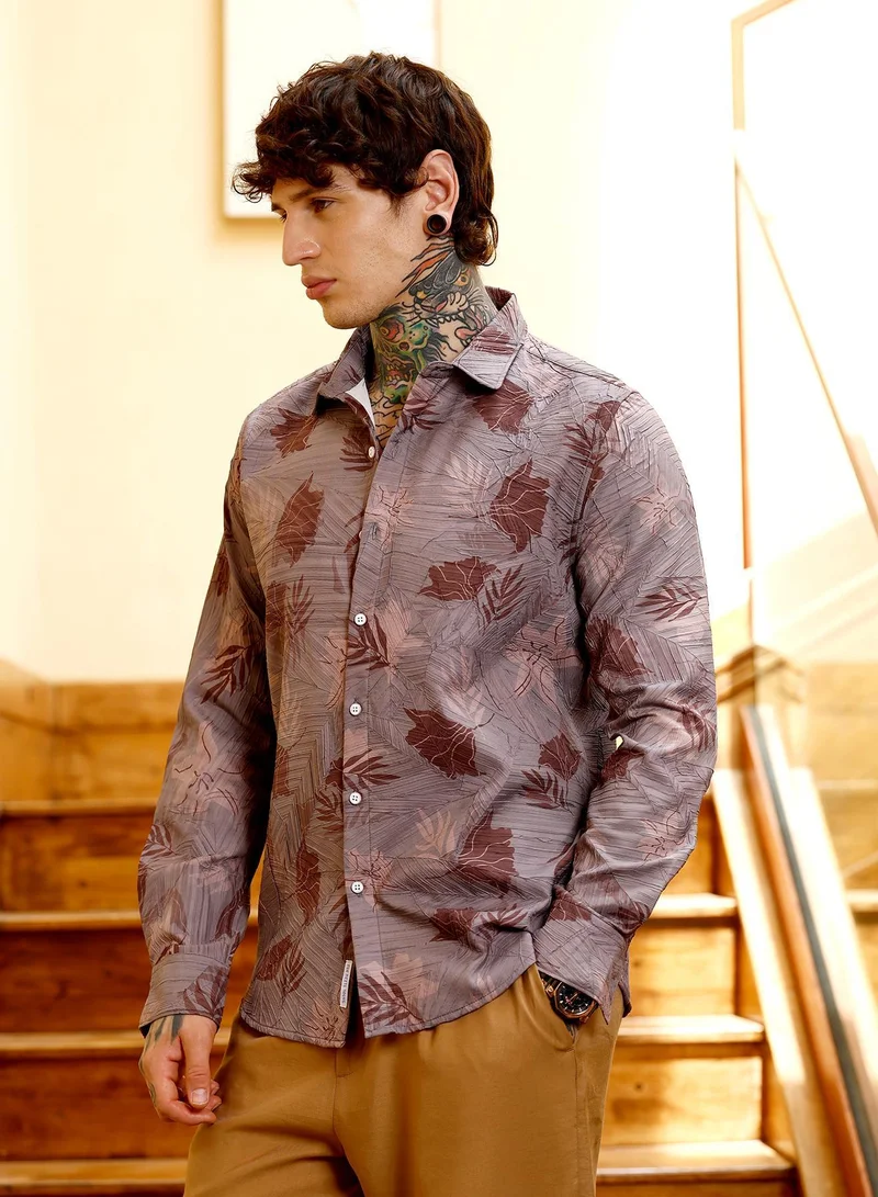 CAHOOT  Men's Mauve Purple Leaf-Imprint Foliage-Tactile Shirt for Men | Best Price UAE