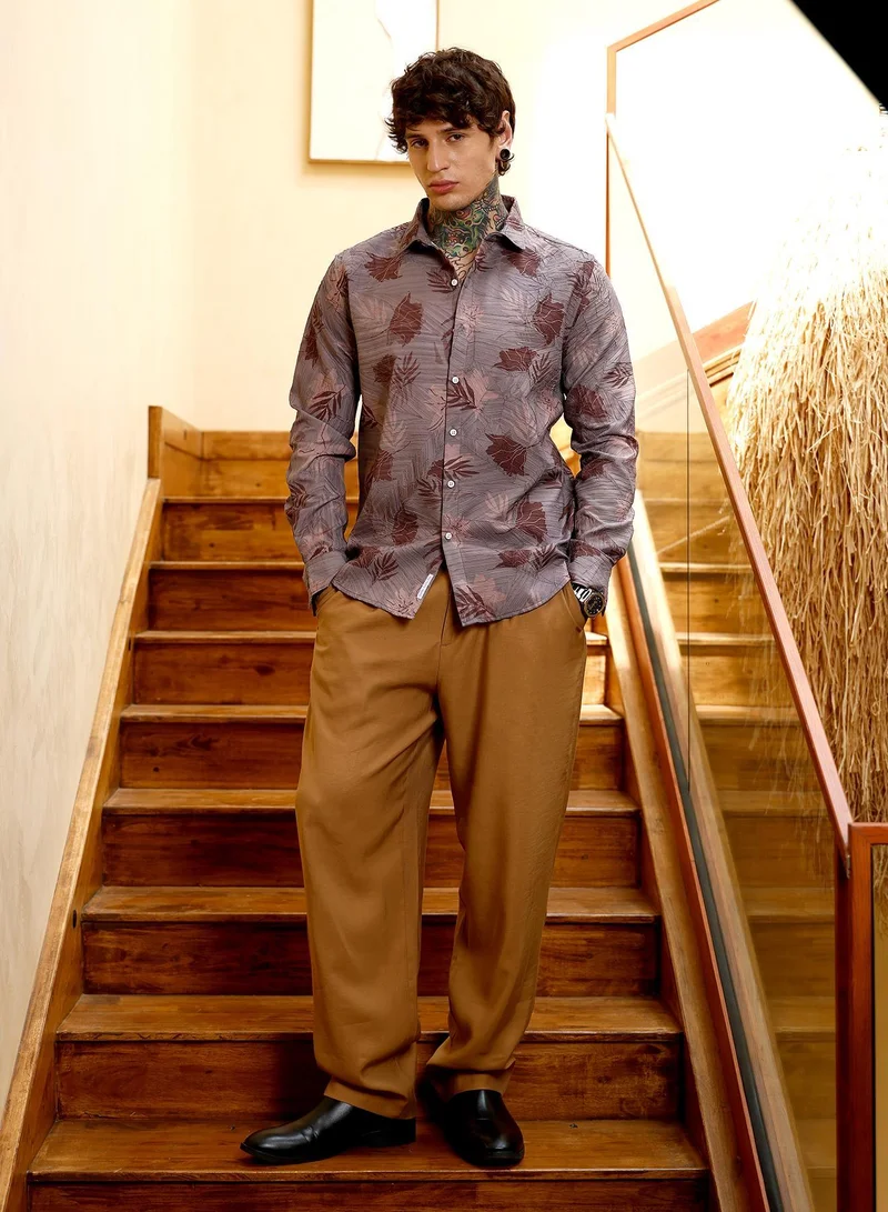 CAHOOT  Men's Mauve Purple Leaf-Imprint Foliage-Tactile Shirt for Men | Best Price UAE