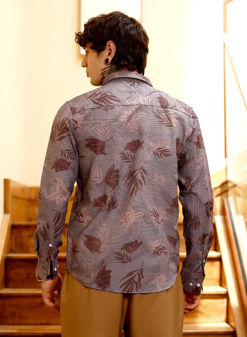 CAHOOT  Men's Mauve Purple Leaf-Imprint Foliage-Tactile Shirt for Men | Best Price UAE