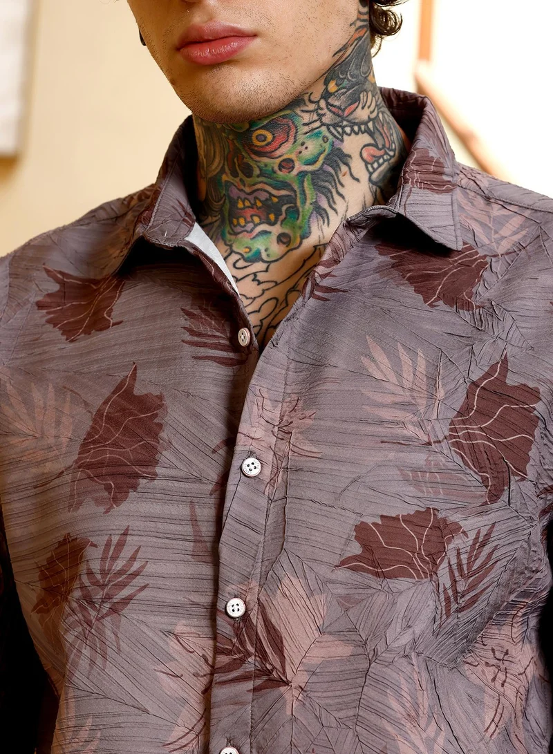 CAHOOT  Men's Mauve Purple Leaf-Imprint Foliage-Tactile Shirt for Men | Best Price UAE
