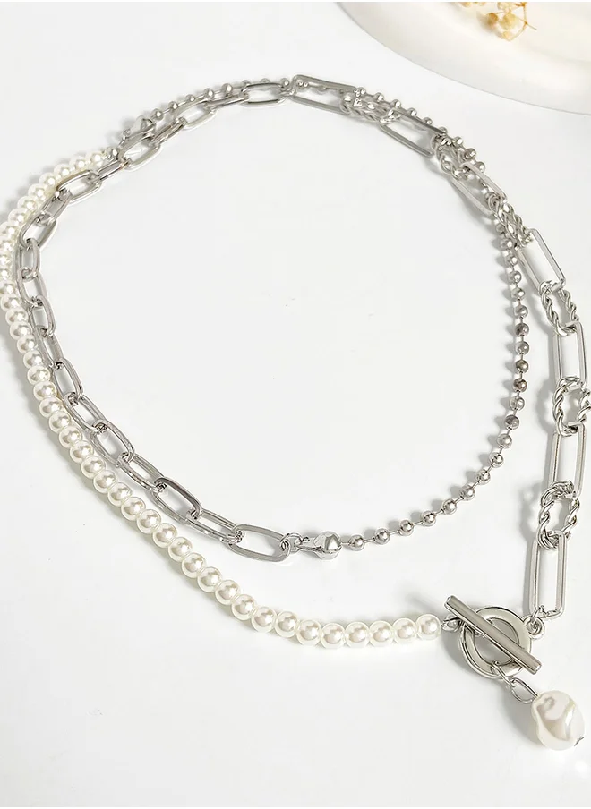 تايك تو Faux Pearl Beaded Layered Necklace with Toggle Clasp