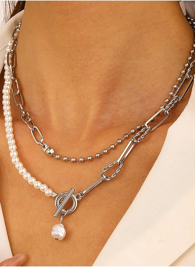 تايك تو Faux Pearl Beaded Layered Necklace with Toggle Clasp