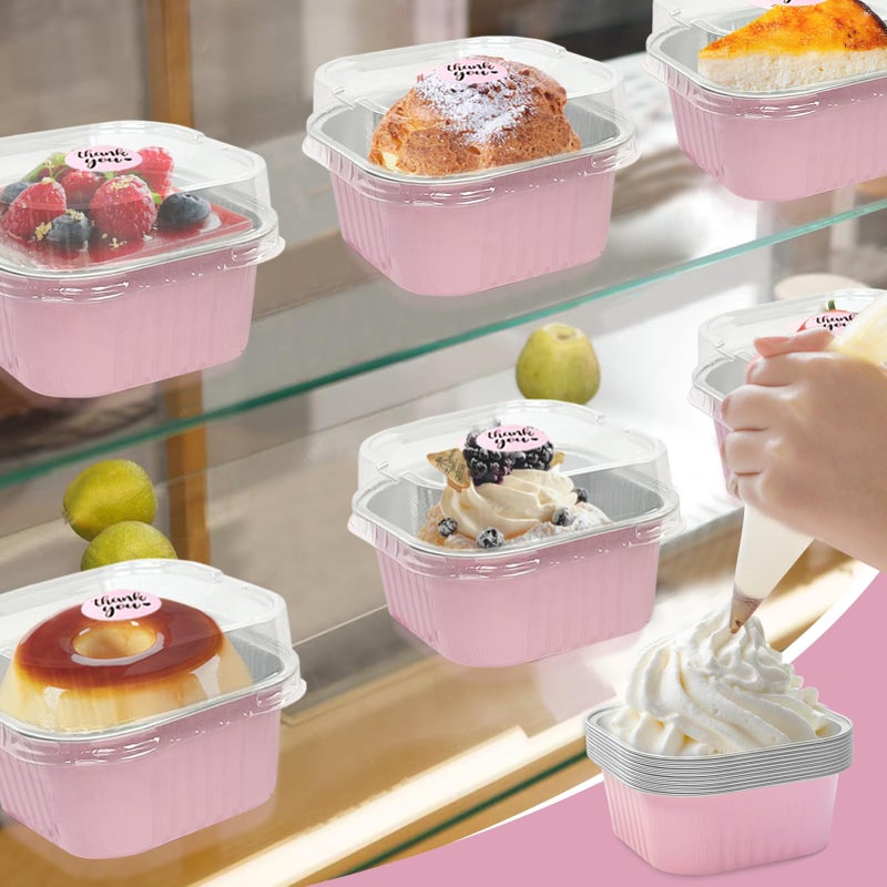 ylnurac 100 Pack 10oz Mini Cake Pans With Lids, Aluminum Foil Square Brownie Baking Cups,Disposable 4â€x4â€ Large Cupcake Pan,Jumbo Muffin Tin Ramekins Holders-Pink - Image 5