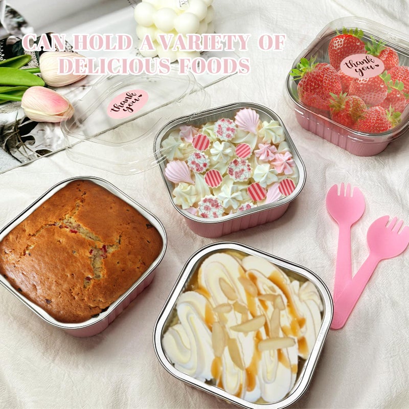 ylnurac 100 Pack 10oz Mini Cake Pans With Lids, Aluminum Foil Square Brownie Baking Cups,Disposable 4â€x4â€ Large Cupcake Pan,Jumbo Muffin Tin Ramekins Holders-Pink - Image 4