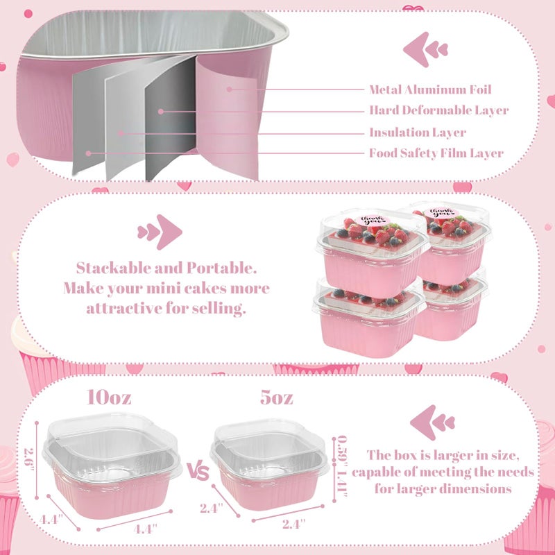 ylnurac 100 Pack 10oz Mini Cake Pans With Lids, Aluminum Foil Square Brownie Baking Cups,Disposable 4â€x4â€ Large Cupcake Pan,Jumbo Muffin Tin Ramekins Holders-Pink - Image 3