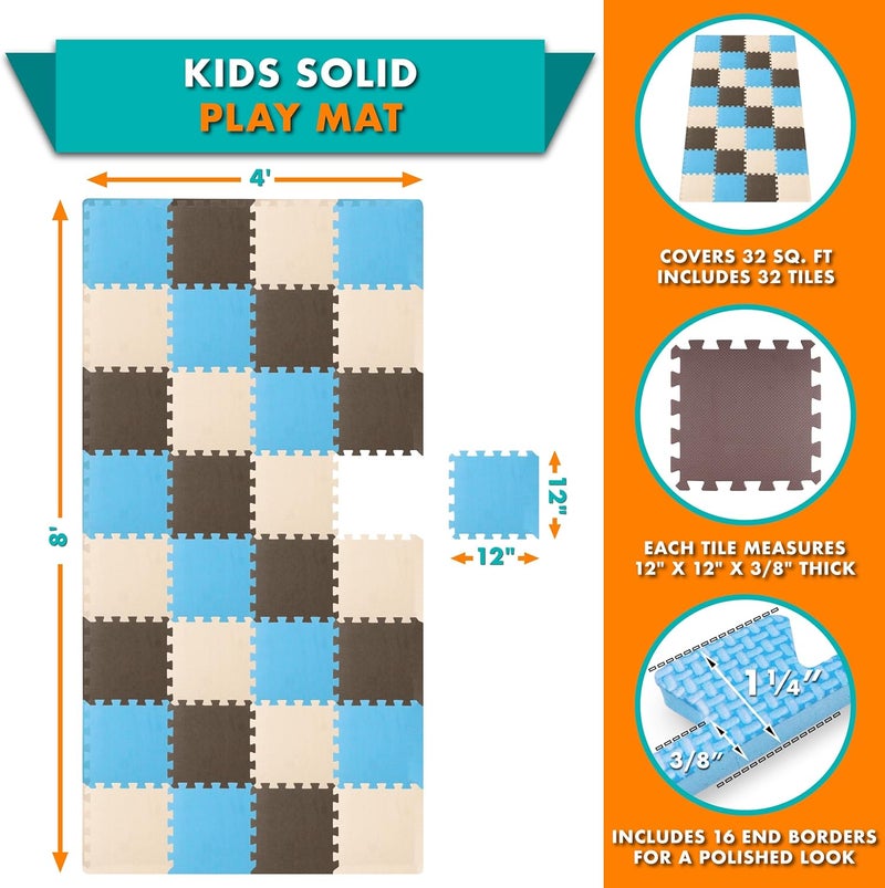بروسورس بساط لعب للأطفال، بلاط أرضية رغوي ناعم للأطفال، ألواح EVA متشابكة لاستخدام حظيرة اللعب، سطح تطوير الزحف، أرضية آمنة غير سامة للأطفال الصغار، 32 بلاطة، أزرق/بني/بيج - Image 2