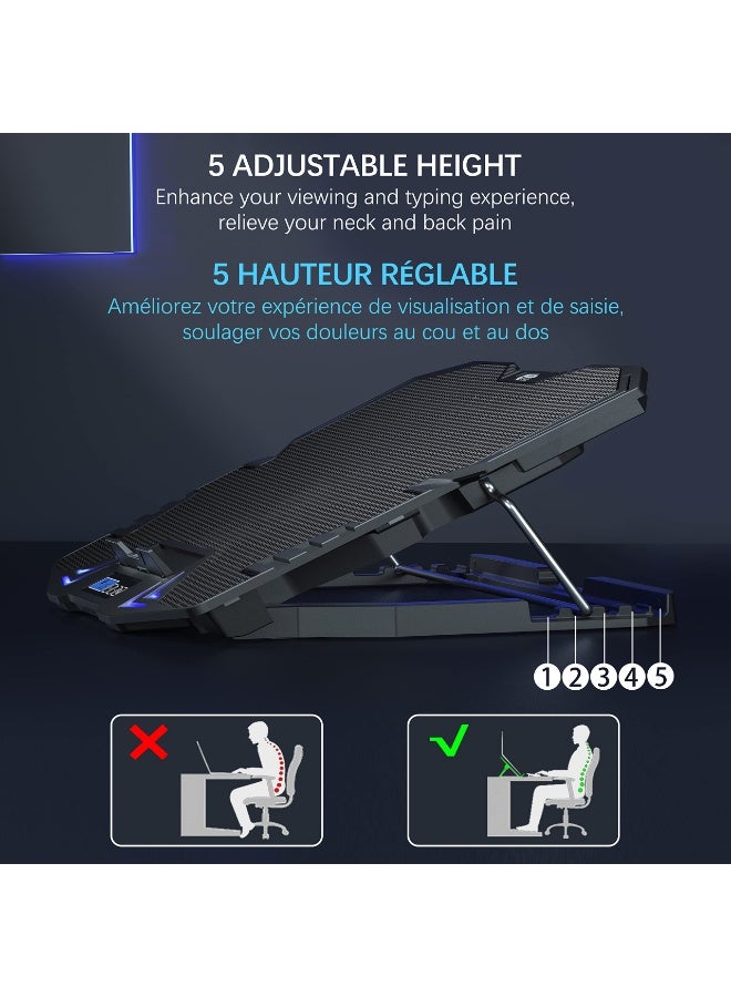 Laptop Cooling Pad Gaming Notebook Cooler, Laptop Fan Cooling Stand Adjustable Height with 5 Quiet Fans Blue LED Light, Computer Chill Mat with LCD Controller, for 10-15.6 Inch Laptops - Image 2