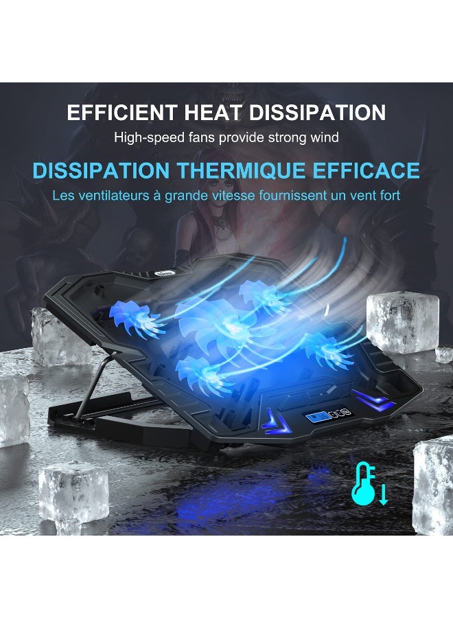 Laptop Cooling Pad Gaming Notebook Cooler, Laptop Fan Cooling Stand Adjustable Height with 5 Quiet Fans Blue LED Light, Computer Chill Mat with LCD Controller, for 10-15.6 Inch Laptops - Image 3
