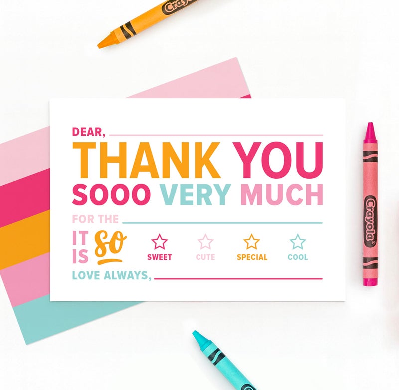 ThreeKin Collective 25-Pack Kids Fill-in-the-Blank Thank You Cards with White Envelopes - 4x6 Double-Sided Postcards | Fun and Colorful Design for Birthdays, Holidays, and More (Bright) - Image 5