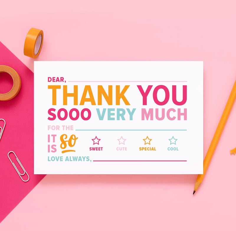 ThreeKin Collective 25-Pack Kids Fill-in-the-Blank Thank You Cards with White Envelopes - 4x6 Double-Sided Postcards | Fun and Colorful Design for Birthdays, Holidays, and More (Bright) - Image 2