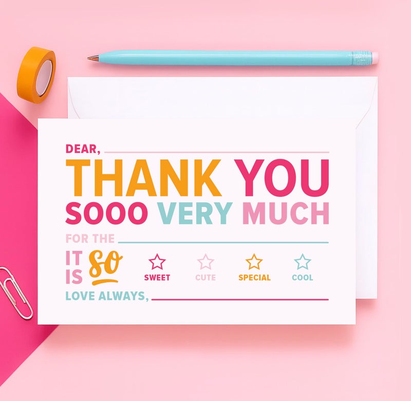 ThreeKin Collective 25-Pack Kids Fill-in-the-Blank Thank You Cards with White Envelopes - 4x6 Double-Sided Postcards | Fun and Colorful Design for Birthdays, Holidays, and More (Bright) - Image 1