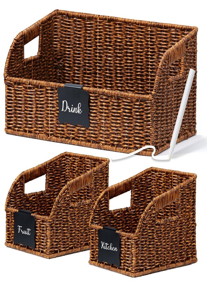 Stylave Wicker Baskets for Organizing,Pantry, Kitchen Counter with Handles, Handwoven Woven Storage Baskets for Fruit, Bread, Vegetable, Waterproof Storage Bins for Shelves, 3 Pack, Brown - Image 1