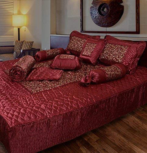 WORLDNEX Satin Gold Printed Red King Bedding Set Bedsheet 2 Pillow Cover 2 Filled Cushion 2 Filled Bolsters AC Comforter Set of 8 Pieces - Image 1