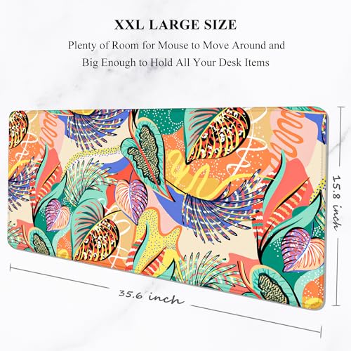 Auhoahsil Desk Mouse Pad, Large Gaming Mousepad, XXL Desk Pad, Extended Long Superior Micro-Weave Cloth Non-Slip Rubber Big Computer Mouse Mat for Gamer, Office & Home, 35" x 15", Tropical Leaves - Image 2