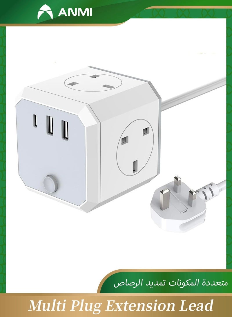 Anmi Multi Plug Extension Lead,4 Way 4 UK Standard Plugs Socket adapter,1.8M Extension Cord,2 USB,1 Type C Ports (5V/3.4A Max) for Home Dorm Office Travel - Image 1