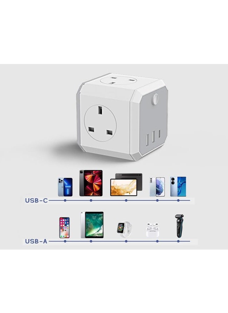 Anmi - Multi Plug Extension Lead,4 Way 4 UK Standard Plugs Socket adapter,1.8M Extension Cord,2 USB,1 Type C Ports (5V/3.4A Max) for Home Dorm Office Travel - Image 1
