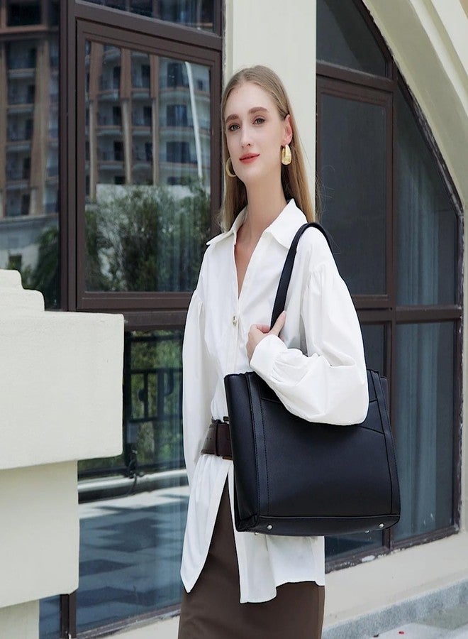 MYHOZEE Black Work Tote Bag for Wmen - Laptop Bag 15.6 Inch Vintage Leather Computer Bag Large Office Purse Satchel Hanbag with 3 Compartment for Work/Travel/College - Image 3