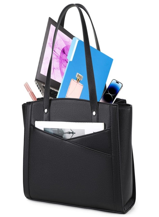 MYHOZEE Black Work Tote Bag for Wmen - Laptop Bag 15.6 Inch Vintage Leather Computer Bag Large Office Purse Satchel Hanbag with 3 Compartment for Work/Travel/College - Image 1