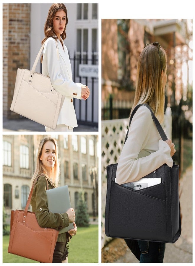 MYHOZEE Black Work Tote Bag for Wmen - Laptop Bag 15.6 Inch Vintage Leather Computer Bag Large Office Purse Satchel Hanbag with 3 Compartment for Work/Travel/College - Image 2
