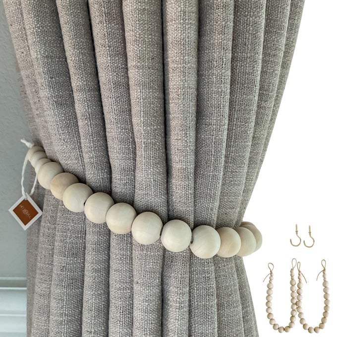 DECOAZUL BOHO CURTAIN TIEBACKS WOODEN BEAD CURTAIN TIEBACKS FARMHOUSE DECOR CURTAIN TIES BOHO DECOR SET OF 2