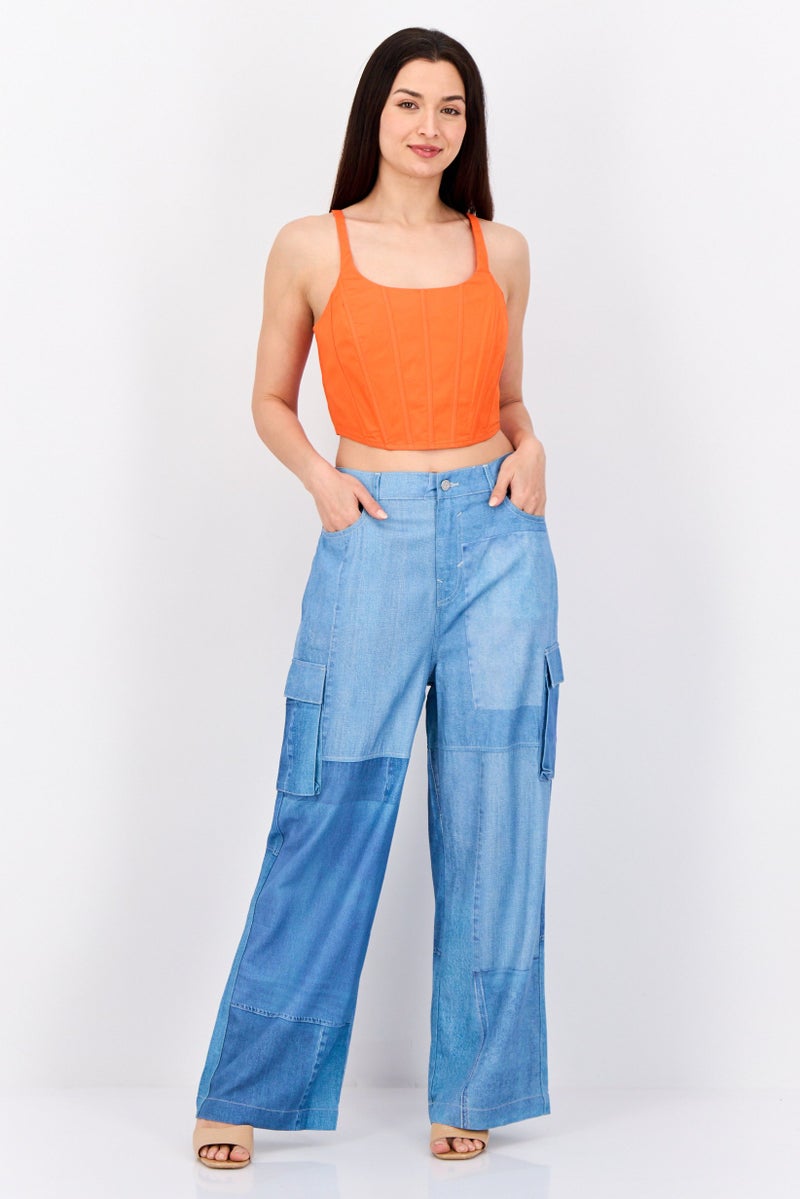 ESPRIT Women Regular Fit Washed Cargo Pants, Blue - Image 3