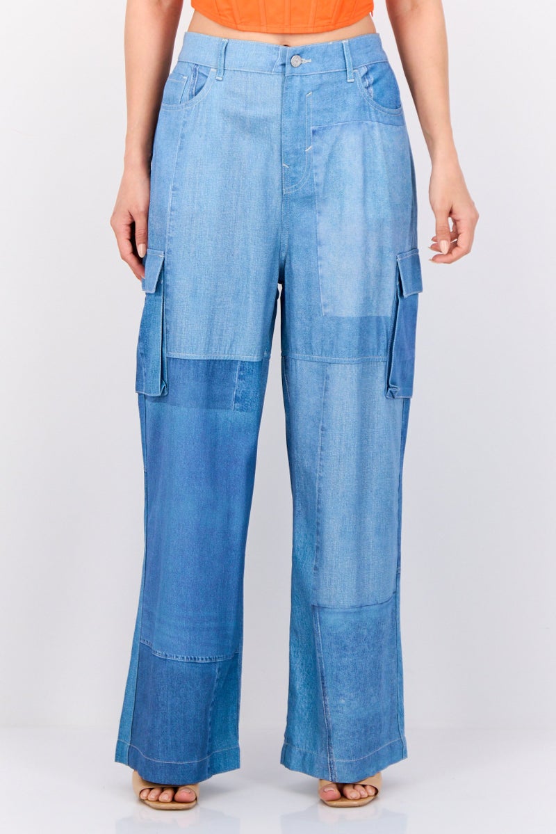 ESPRIT Women Regular Fit Washed Cargo Pants, Blue - Image 1