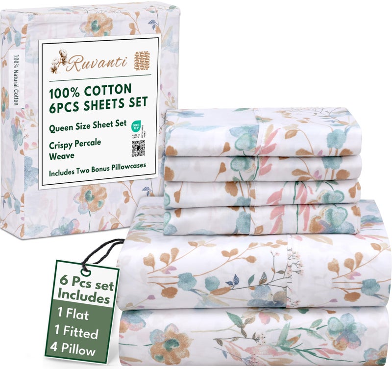 RUVANTI 6 Pcs Cotton Sheets  100 Natural Cotton Soft Lightweight  Breathable Crispy Percale Bed Sheets Queen Sheet Set 16 Deep Pockets Radiant