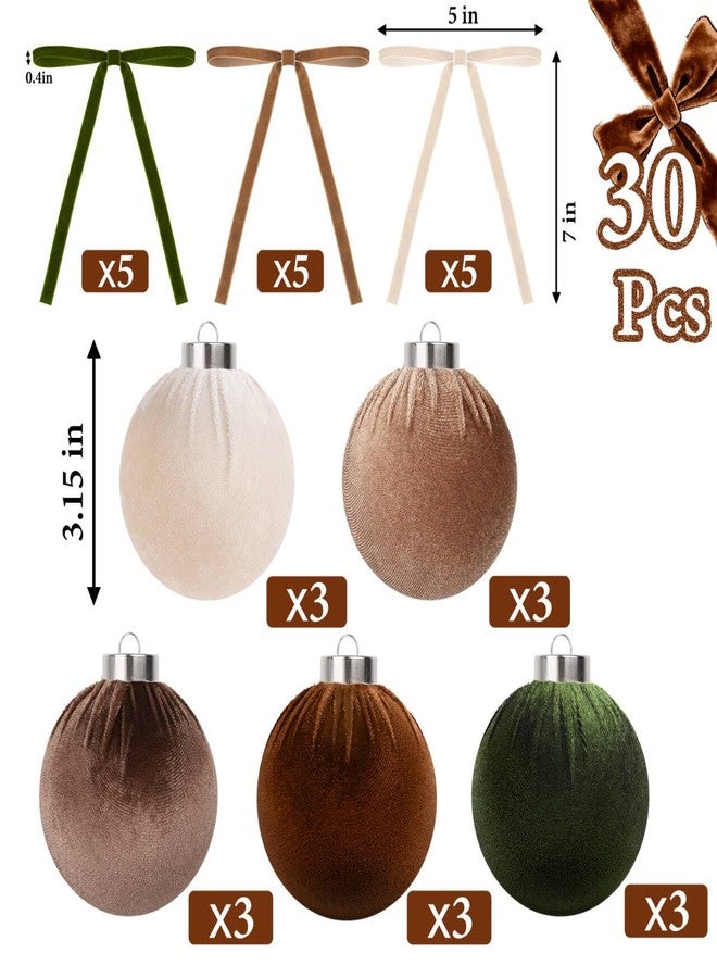روبيرلي مجموعة روبرلي من 30 قطعة من زينة عيد الميلاد المخملية المحايدة، كرات معلقة مخملية مقاس 3.15 بوصة مع فيونكات مخملية، مصابيح غير قابلة للكسر لتزيين شجرة عيد الميلاد والمنزل في موسم الأعياد، بني وأخضر - Image 3