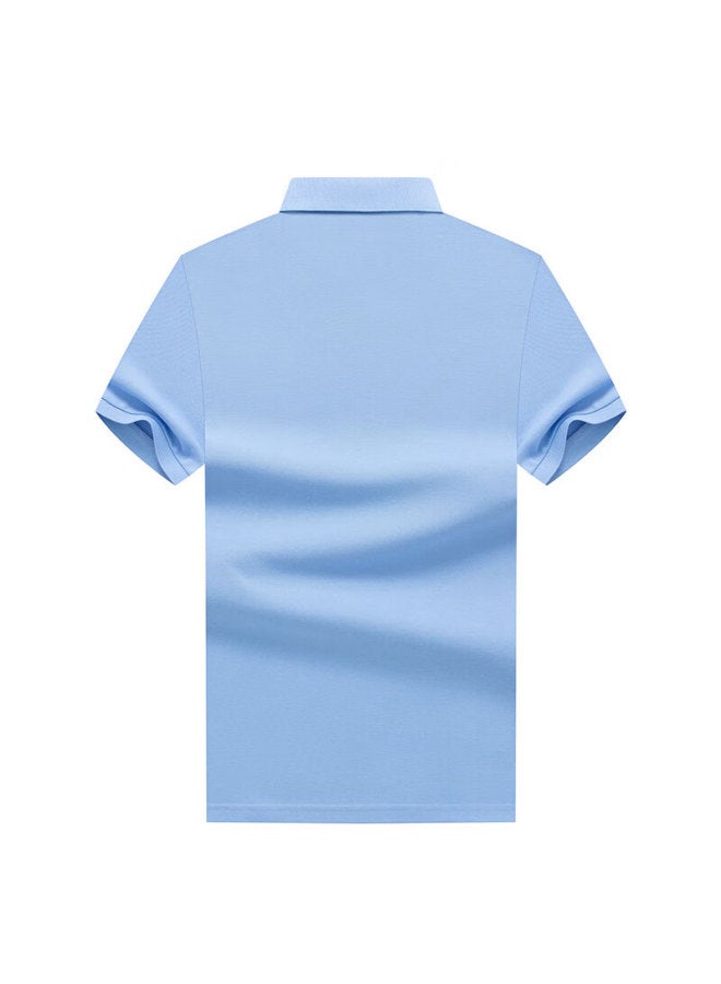 Limeng Men's Solid Color Paul Shirt Cotton Short Sleeve T-shirt With Turn-down Collar Large Size T-shirt Tide Light Blue 190 - Image 1